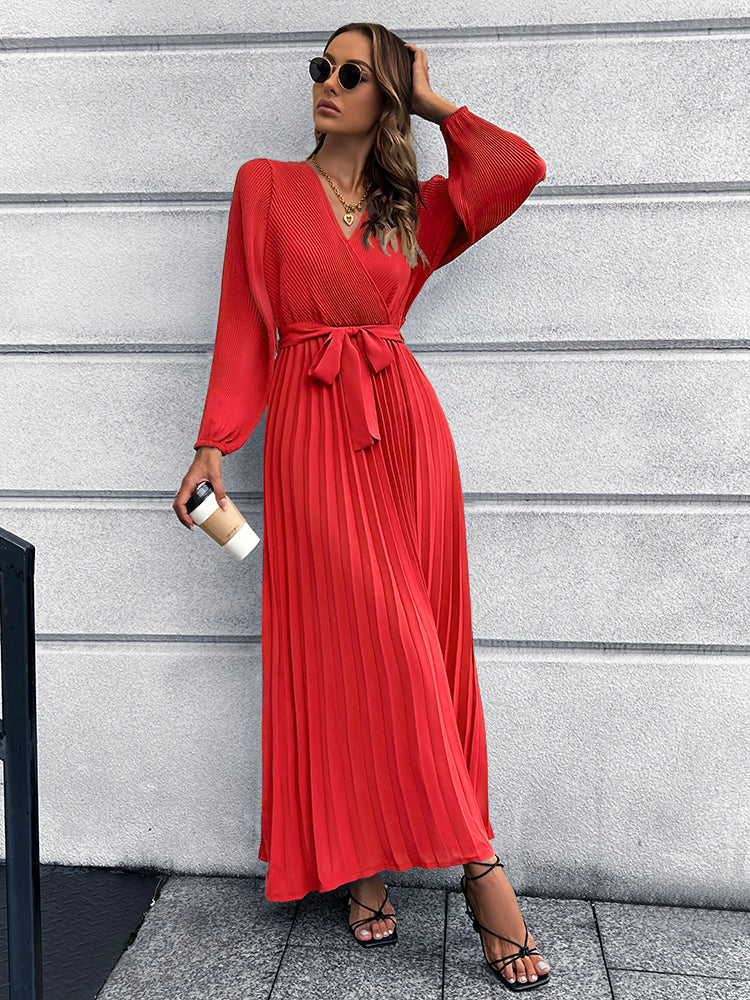 V-Neck Tie Waist Pleated Maxi Dress-Teresa&#39;s Fashionista LLC