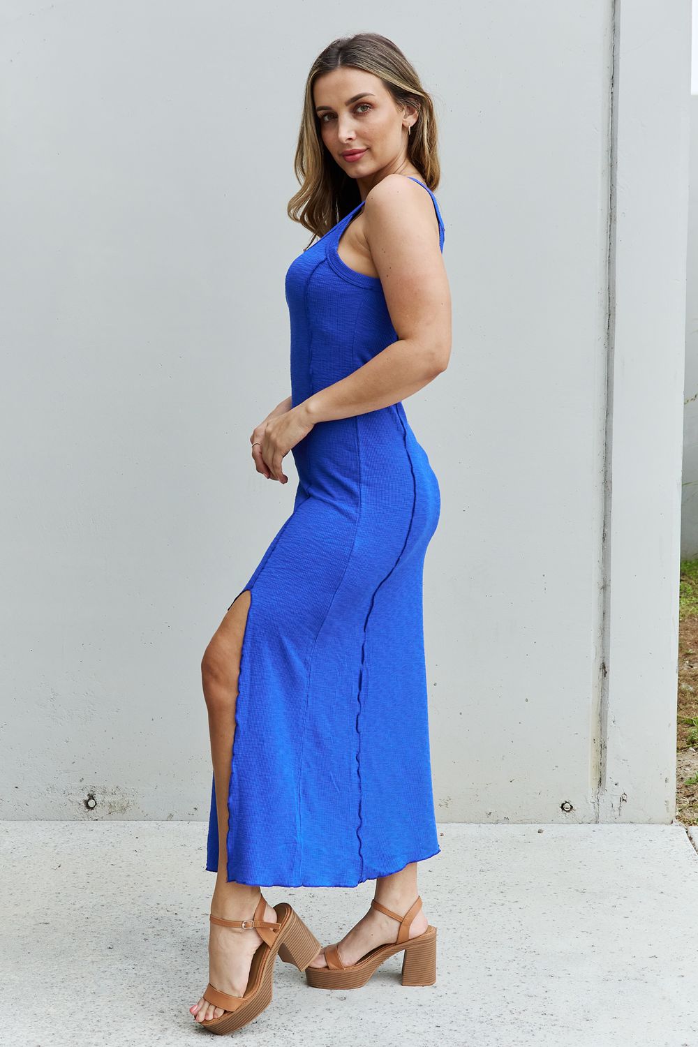 Culture Code Look At Me Full Size Notch Neck Maxi Dress with Slit in Cobalt Blue-Teresa&#39;s Fashionista LLC