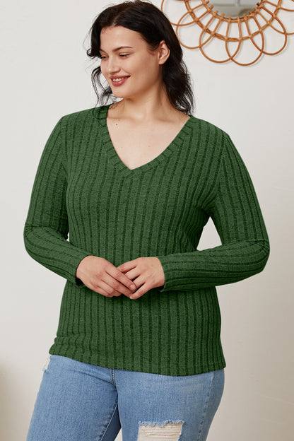 Basic Bae Full Size Ribbed V-Neck Long Sleeve T-Shirt-Teresa&#39;s Fashionista LLC