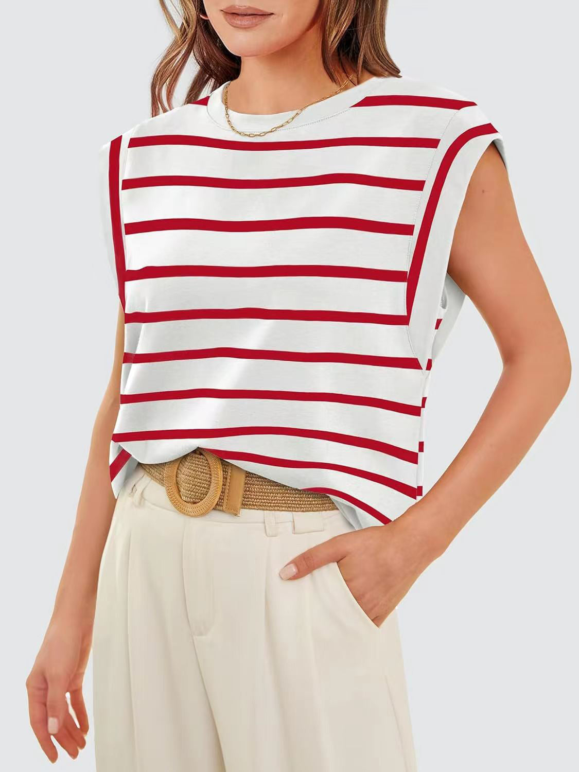 Striped Round Neck Cap Sleeve T-Shirt-Teresa&#39;s Fashionista LLC