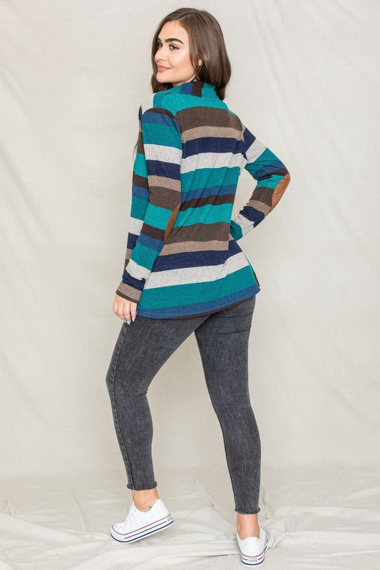 Stripe Elbow Patch Cardigan-Teresa&#39;s Fashionista LLC