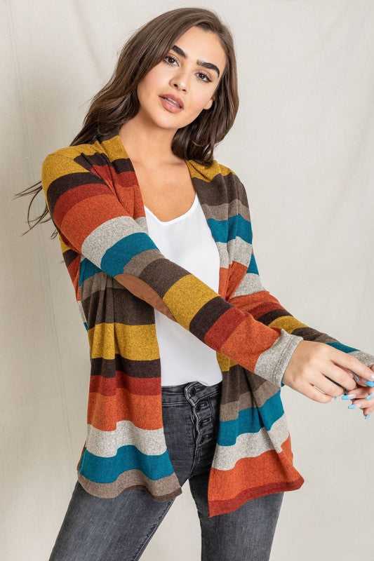 Stripe Elbow Patch Cardigan-Teresa&#39;s Fashionista LLC