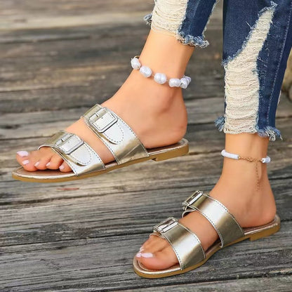 Open Toe Double Buckle Sandals-Teresa&#39;s Fashionista LLC