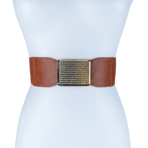 RECTANGLE RHINESTONED SMOCKED LEATHER BELT-Teresa&#39;s Fashionista LLC