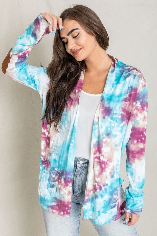 Tie Dye Elbow Patch Open Cardigan-Teresa&#39;s Fashionista LLC