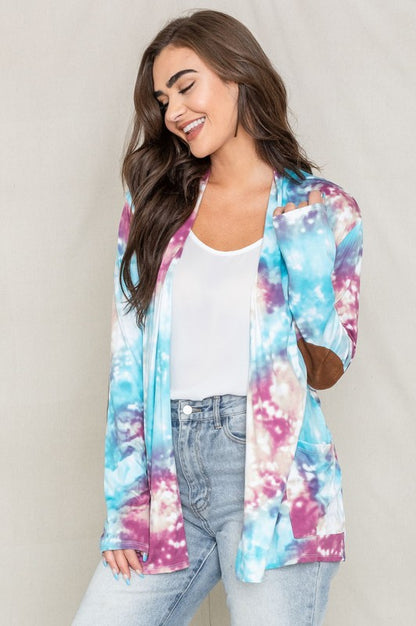 Tie Dye Elbow Patch Open Cardigan-Teresa&#39;s Fashionista LLC