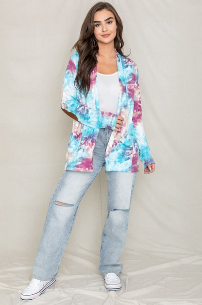 Tie Dye Elbow Patch Open Cardigan-Teresa&#39;s Fashionista LLC