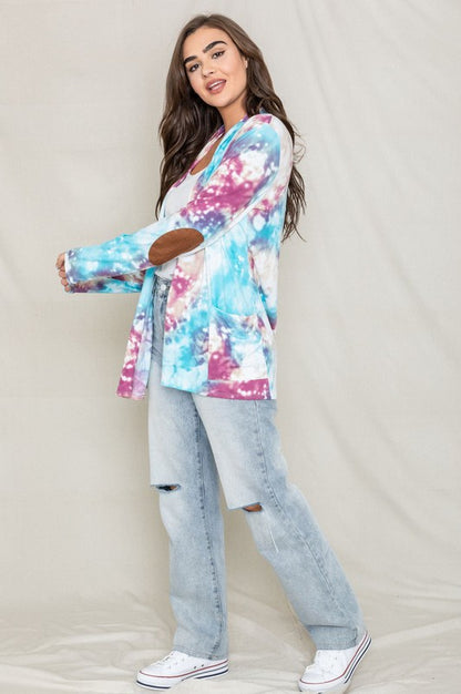 Tie Dye Elbow Patch Open Cardigan-Teresa&#39;s Fashionista LLC