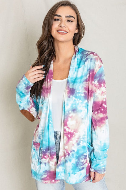 Tie Dye Elbow Patch Open Cardigan-Teresa&#39;s Fashionista LLC