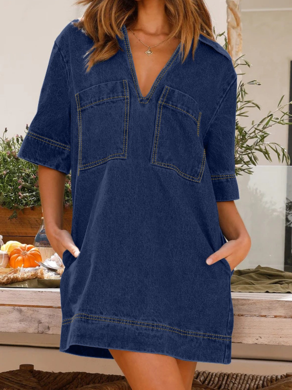 Johnny Collar Half Sleeve Denim Dress-Teresa&#39;s Fashionista LLC