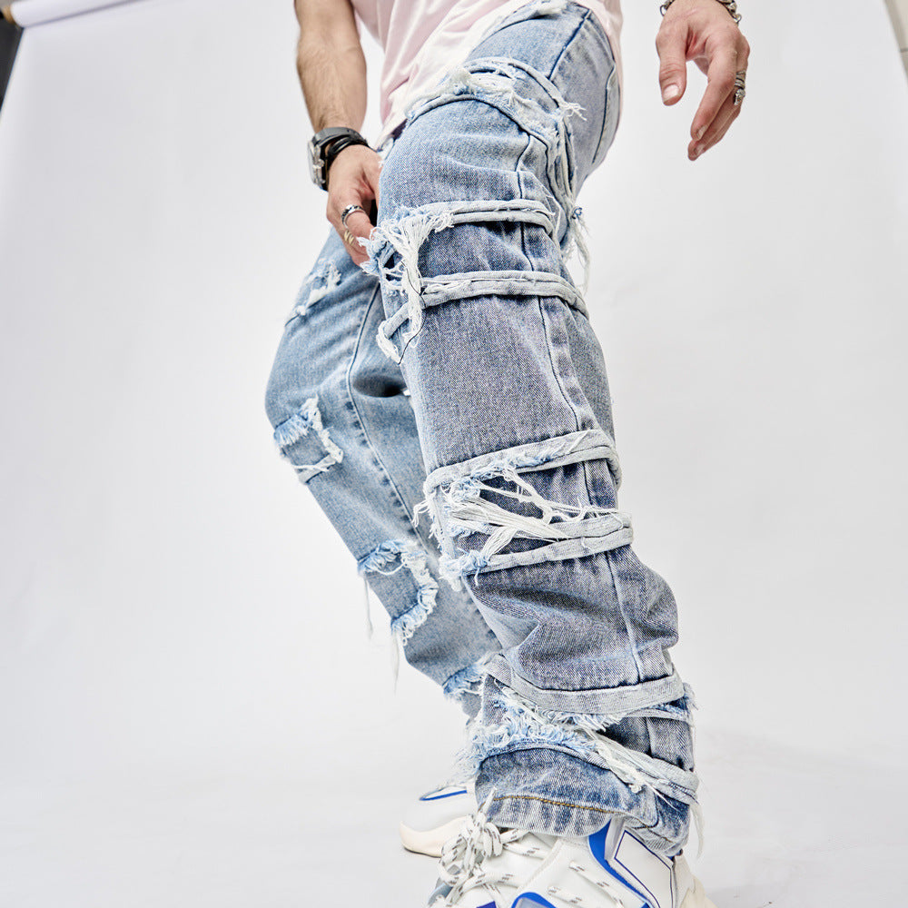 High Street Trousers Man's Pants Full Length Patched Straight Fit Men's Hip Hop Jeans-Teresa&#39;s Fashionista LLC