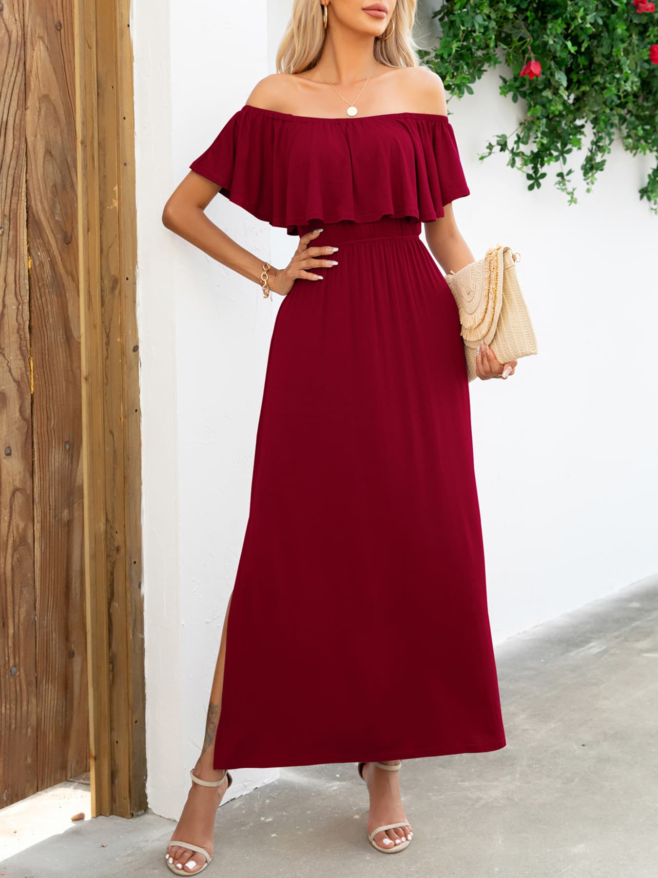 Off-Shoulder Slit Maxi Dress-Teresa&#39;s Fashionista LLC