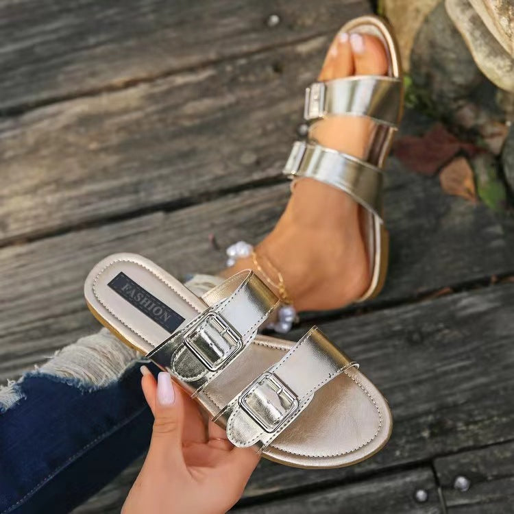 Open Toe Double Buckle Sandals-Teresa&#39;s Fashionista LLC