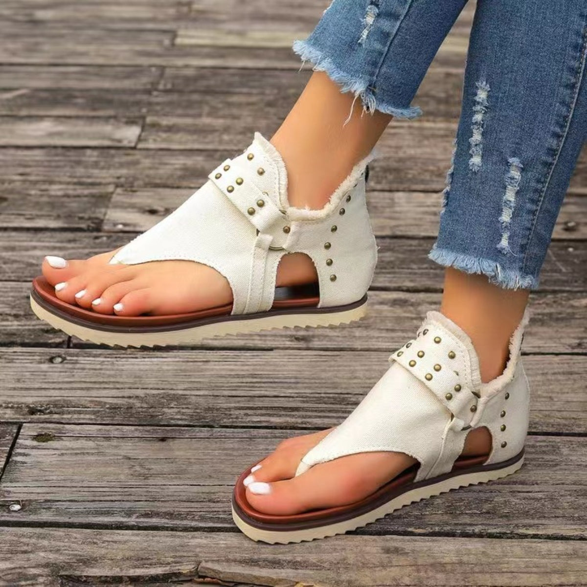 Studded Raw Hem Flat Sandals-Teresa&#39;s Fashionista LLC