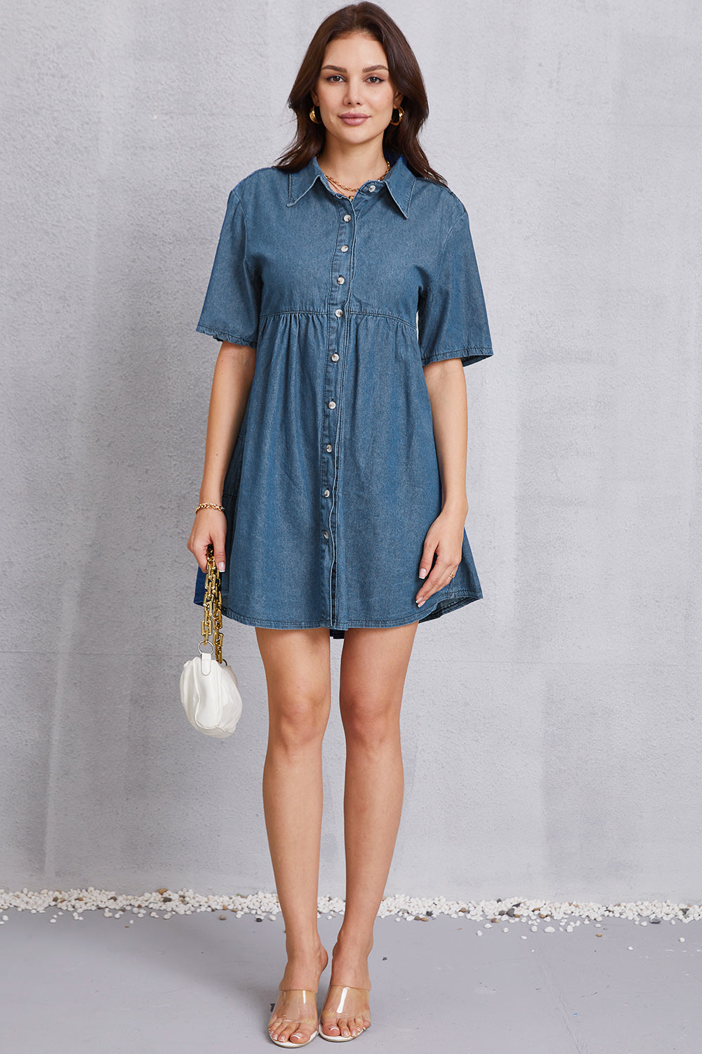 Button Up Collared Neck Tiered Denim Dress-Teresa&#39;s Fashionista LLC