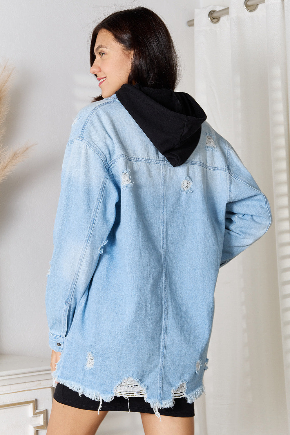 RISEN Full Size Distressed Raw Hem Denim Jacket-Teresa&#39;s Fashionista LLC