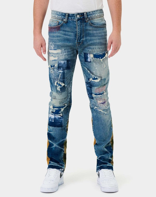 HEAVY RIP & REPAIR SLIM STRAIGHT DENIM-Teresa&#39;s Fashionista LLC