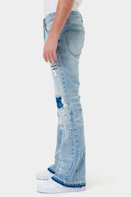 KNEE DESTROYED SLIM FLARE DENIM-Teresa&#39;s Fashionista LLC