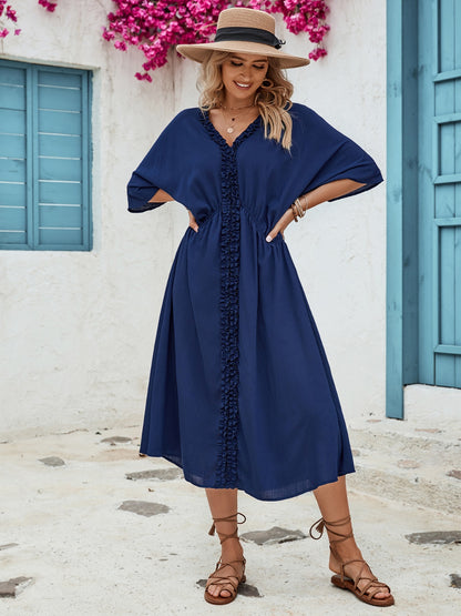 Frill Slit V-Neck Three-Quarter Sleeve Dress-Teresa&#39;s Fashionista LLC