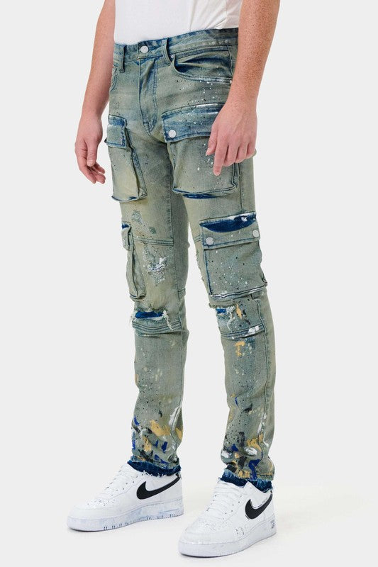 MULTI CARGO SLIM STRAIGHT DENIM-Teresa&#39;s Fashionista LLC