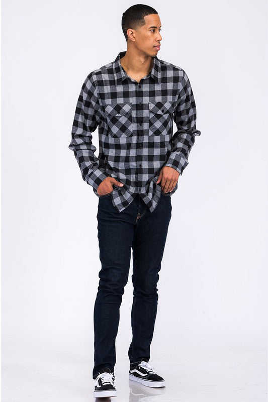 Regular Fit Checker Plaid Flannel Long Sleeve-Teresa&#39;s Fashionista LLC