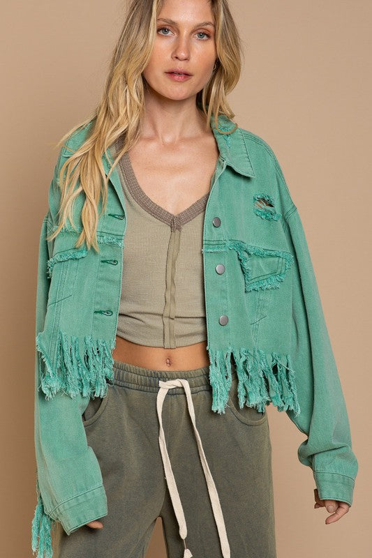 Fringe Distressed Crop Denim Jacket-Teresa&#39;s Fashionista LLC