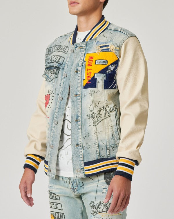 HAND DRAWING LEATHER SLEEVES DENIM VARSITY JACKET-Teresa&#39;s Fashionista LLC