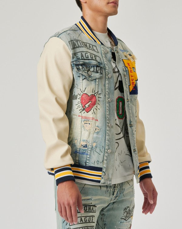 HAND DRAWING LEATHER SLEEVES DENIM VARSITY JACKET-Teresa&#39;s Fashionista LLC