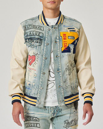 HAND DRAWING LEATHER SLEEVES DENIM VARSITY JACKET-Teresa&#39;s Fashionista LLC