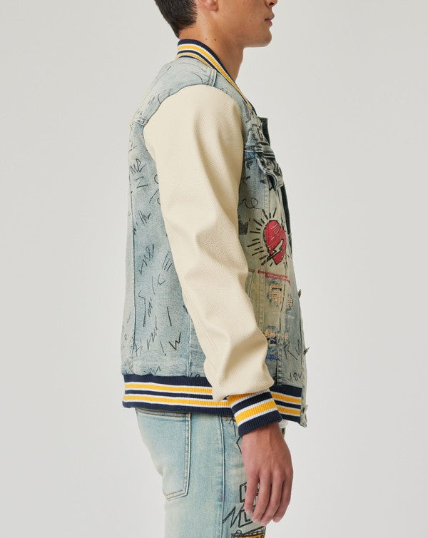 HAND DRAWING LEATHER SLEEVES DENIM VARSITY JACKET-Teresa&#39;s Fashionista LLC