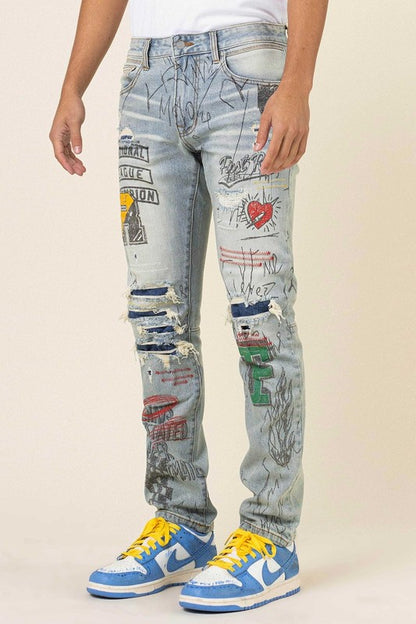 ALL OVER DOODLING SLIM FIT DENIM-Teresa&#39;s Fashionista LLC