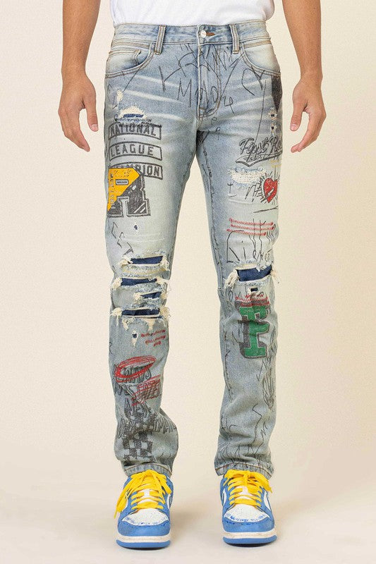 ALL OVER DOODLING SLIM FIT DENIM-Teresa&#39;s Fashionista LLC