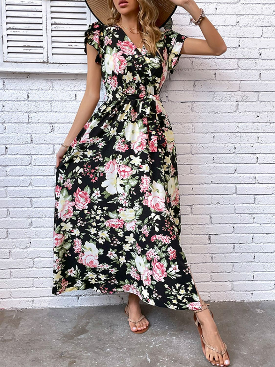 Floral Flutter Sleeve Tie-Waist Split Dress-Teresa&#39;s Fashionista LLC