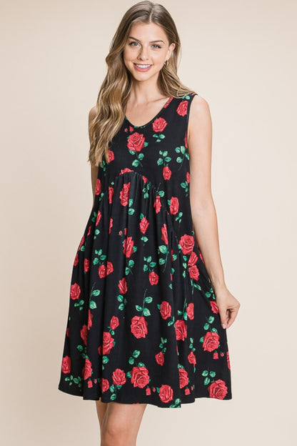 BOMBOM Floral Ruched Tank Dress-Teresa&#39;s Fashionista LLC