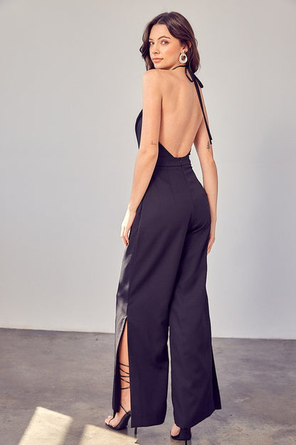 Deep V-Neck Wide Leg Jumpsuit-Teresa&#39;s Fashionista LLC