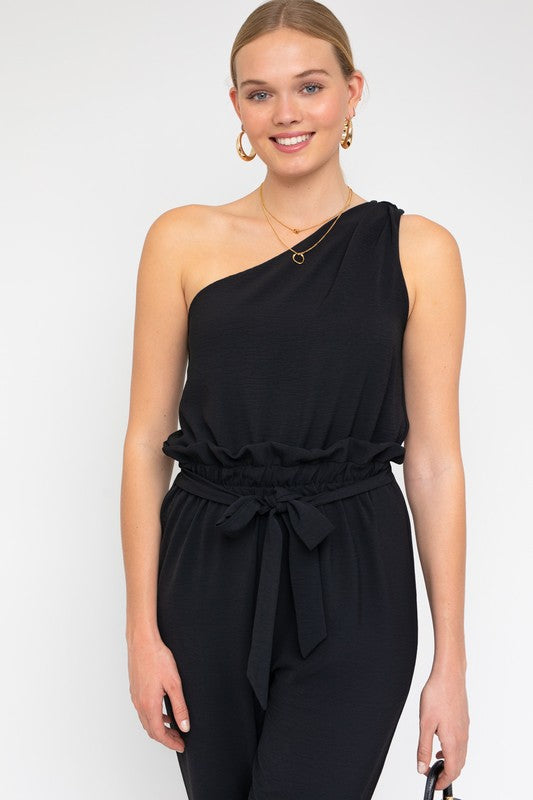 Sleeveless One Shoulder Waist Tie Jumpsuit-Teresa&#39;s Fashionista LLC