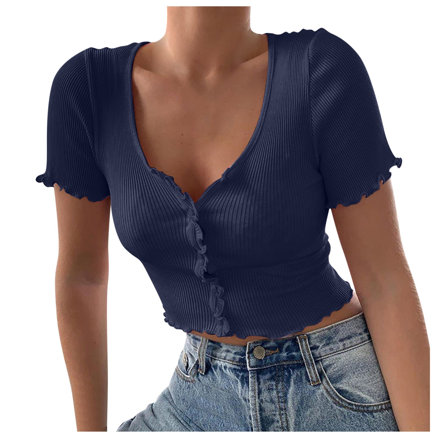 V Neck Ruffles Short Sleeve T Shirt Women Summer Casual Button Crop Top Basic Blue T Shirt Tops-Teresa&#39;s Fashionista LLC