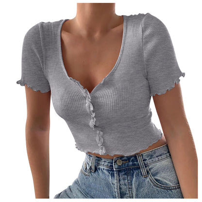 V Neck Ruffles Short Sleeve T Shirt Women Summer Casual Button Crop Top Basic Blue T Shirt Tops-Teresa&#39;s Fashionista LLC