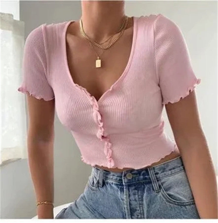 V Neck Ruffles Short Sleeve T Shirt Women Summer Casual Button Crop Top Basic Blue T Shirt Tops-Teresa&#39;s Fashionista LLC