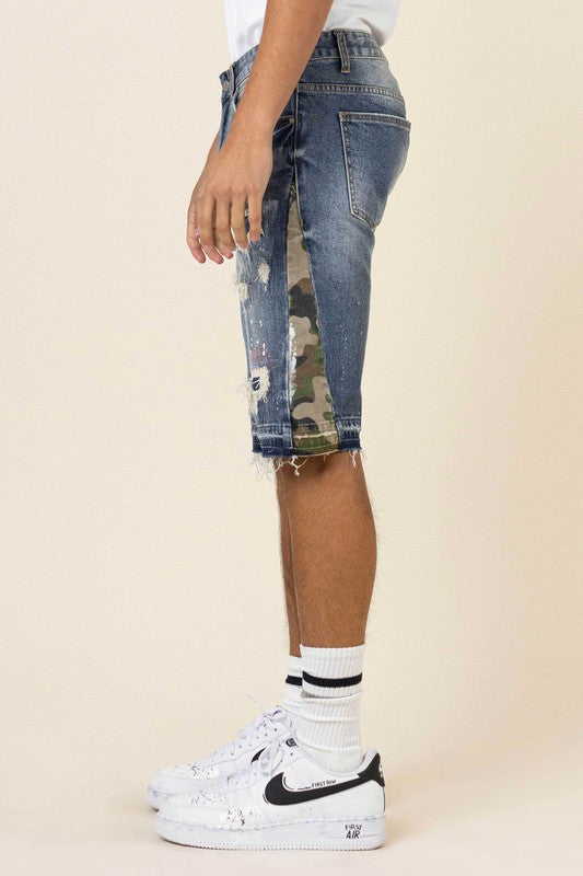 MULTI CAMO PANELED RELEASED HEM DENIM SHORTS-Teresa&#39;s Fashionista LLC