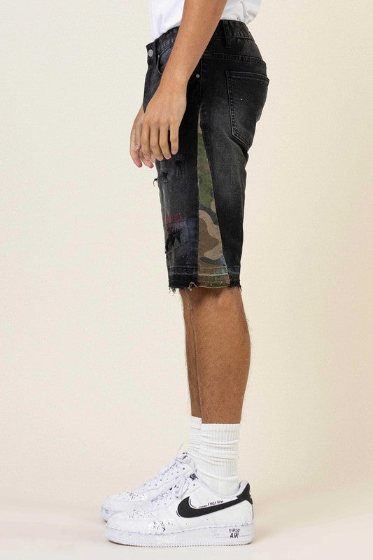 MULTI CAMO PANELED RELEASED HEM DENIM SHORTS-Teresa&#39;s Fashionista LLC