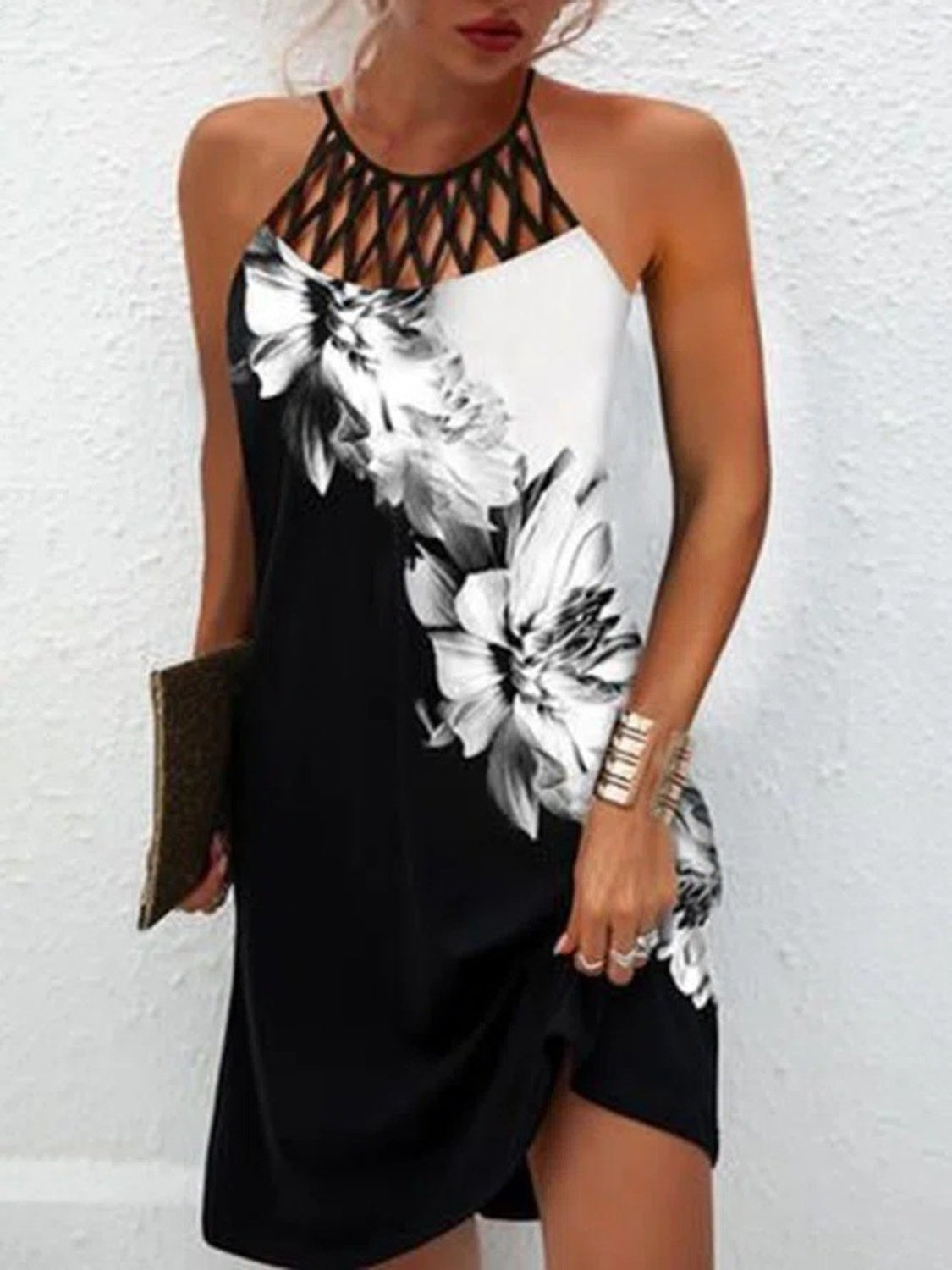 Printed Grecian Neck Mini Dress-Teresa&#39;s Fashionista LLC