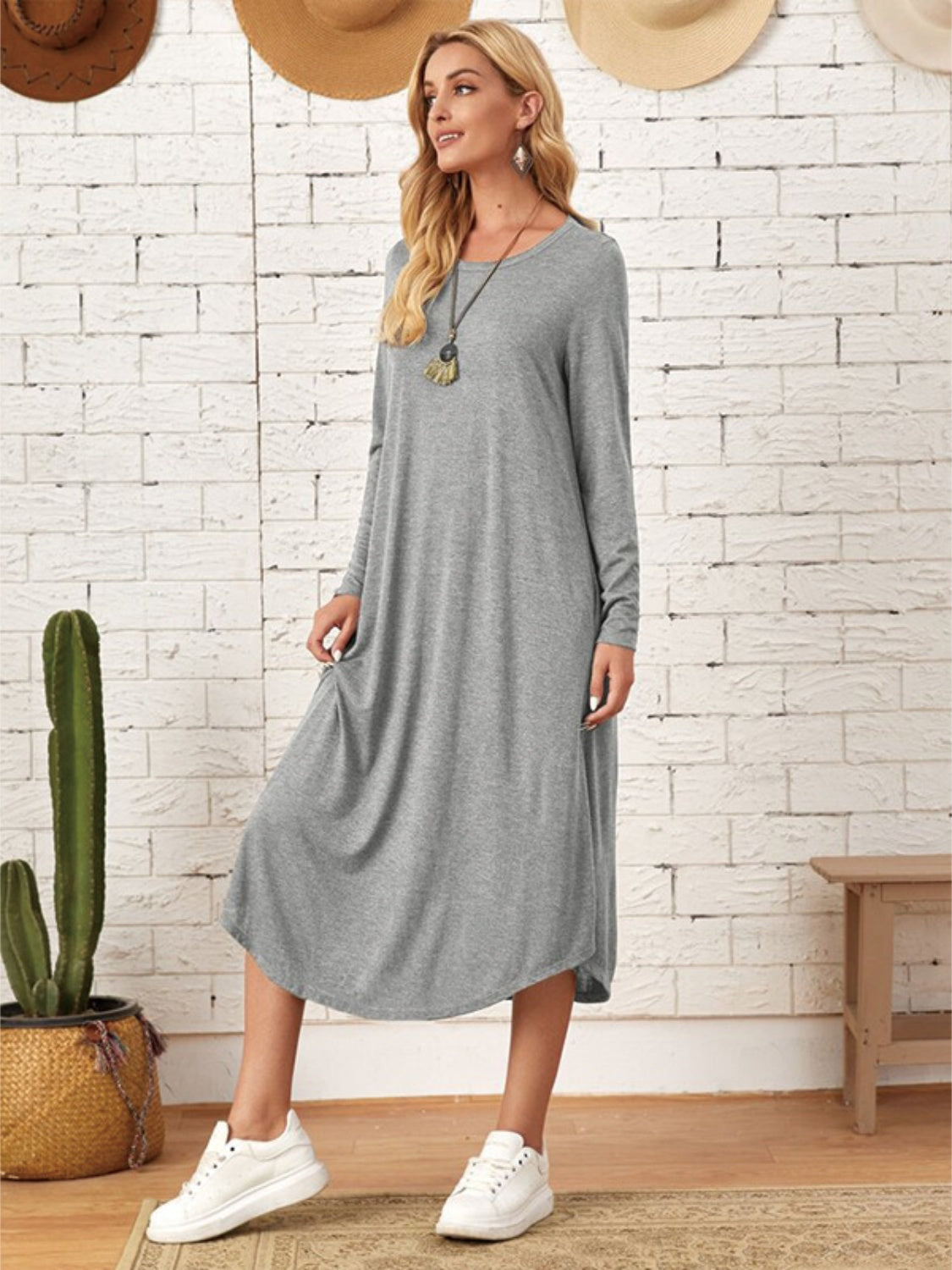 Pocketed Round Neck Long Sleeve Tee Dress-Teresa&#39;s Fashionista LLC