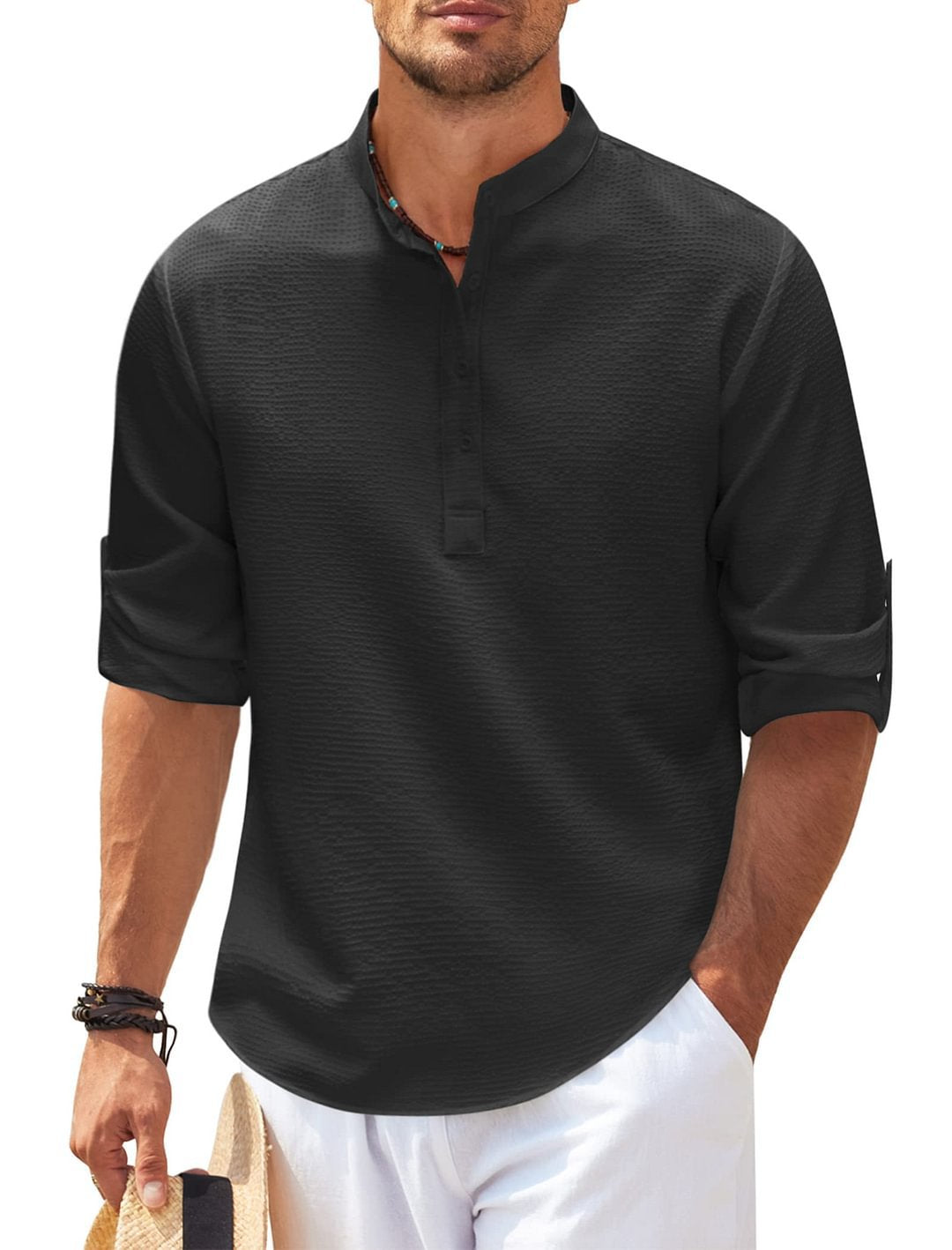 Men's Casual Shirt Long Sleeve Stand Collar Solid Color Shirt Mens Clothing-Teresa&#39;s Fashionista LLC