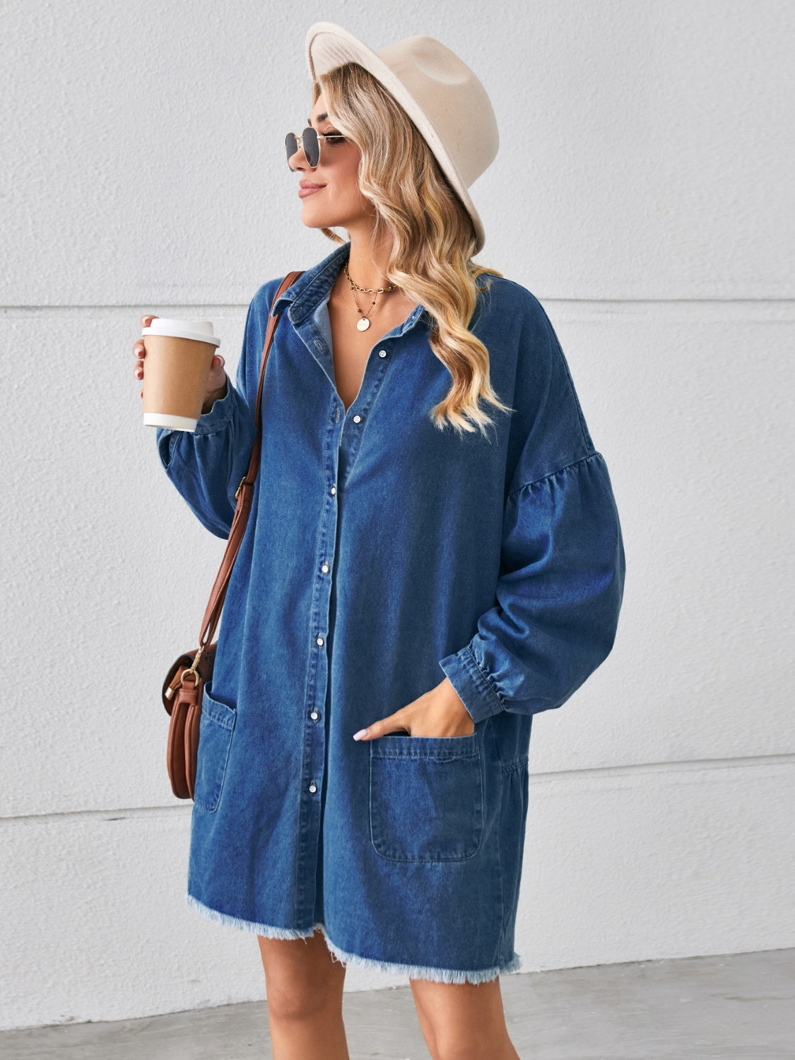 Button Up Pocketed Raw Hem Denim Dress-Teresa&#39;s Fashionista LLC