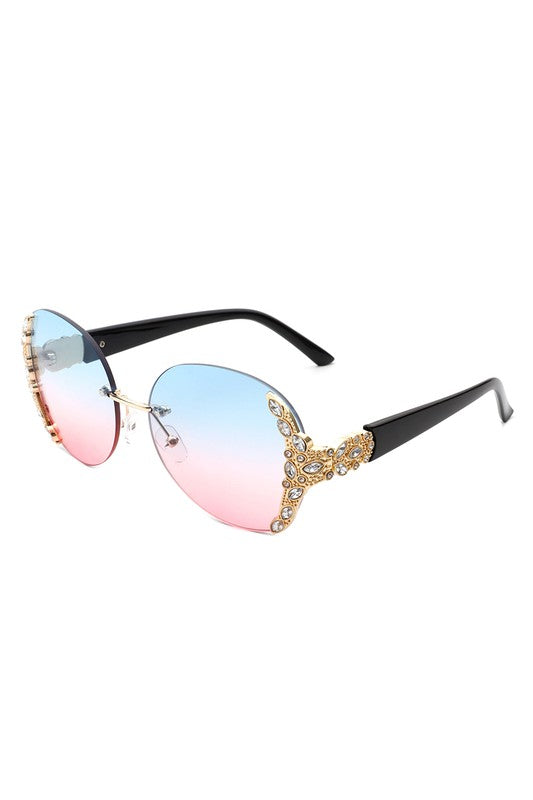 Women Rimless Round Rhinestone Oversize Sunglasses-Teresa&#39;s Fashionista LLC