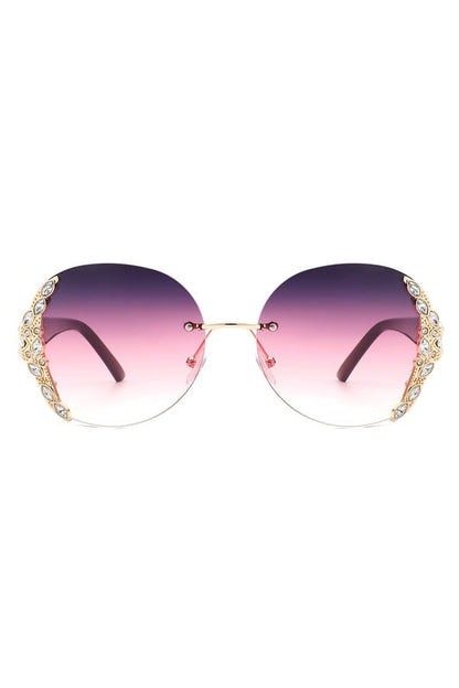 Women Rimless Round Rhinestone Oversize Sunglasses-Teresa&#39;s Fashionista LLC