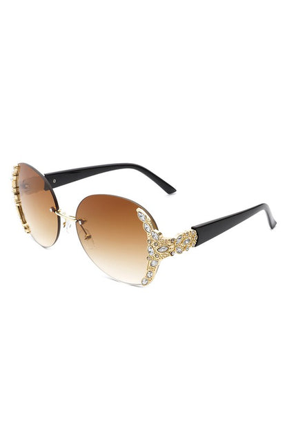 Women Rimless Round Rhinestone Oversize Sunglasses-Teresa&#39;s Fashionista LLC