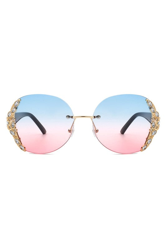 Women Rimless Round Rhinestone Oversize Sunglasses-Teresa&#39;s Fashionista LLC