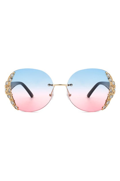 Women Rimless Round Rhinestone Oversize Sunglasses-Teresa&#39;s Fashionista LLC